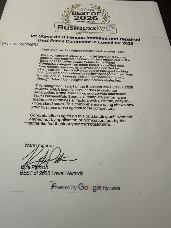 BusinessRate Best of 2026 award — Best Fence Contractor in Lowell for Let Steve Do It Fences
